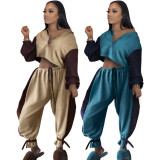 Fashion Contrast Velvet Stitching Round Neck Long Sleeves Top With Drawstring Trousers Two Pieces Se