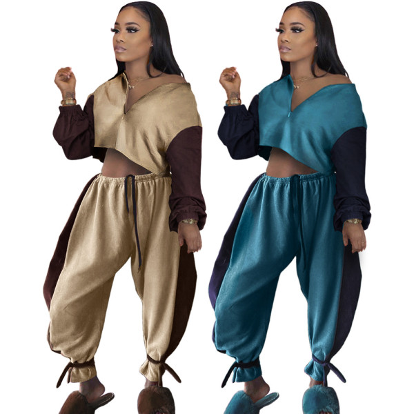 Fashion Contrast Velvet Stitching Round Neck Long Sleeves Top With Drawstring Trousers Two Pieces Se