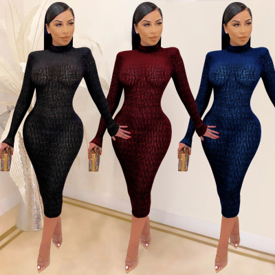 Fashion Printed High Collar Long Sleeves Midi Skinny Dress XZ3826