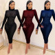 Fashion Printed High Collar Long Sleeves Midi Skinny Dress XZ3826