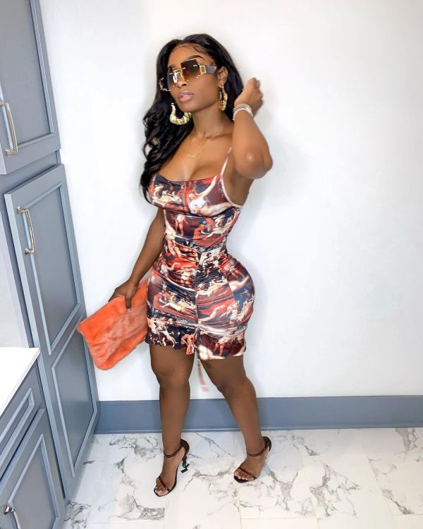 Sexy Printed Suspenders Backless Drawstring Mini Bodycon Dress TC057