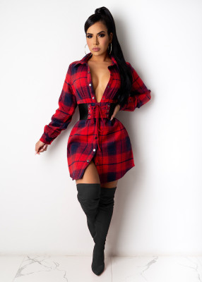 Fashion Plaid Turn-Down Collar Long Sleeves Midi Shirt   G0372