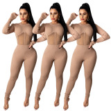 Sexy Knitting Mesh Stitching Round Neck Long Sleeves Skinny Jumpsuit Q732