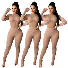 Sexy Knitting Mesh Stitching Round Neck Long Sleeves Skinny Jumpsuit Q732