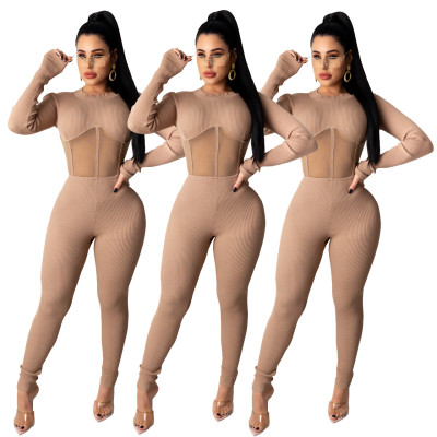 Sexy Knitting Mesh Stitching Round Neck Long Sleeves Skinny Jumpsuit Q732