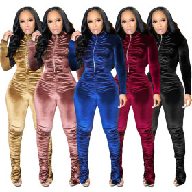 Fashion Velvet Pleated Zipper Long Sleeves Top With Trousers Two Pieces Sets  S390070