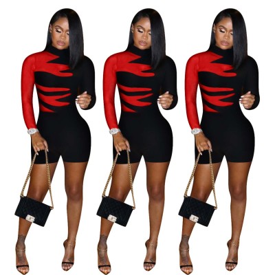 Fashion Contrast High Collar Long Sleeves Short Pants Jumpsuit  FE089