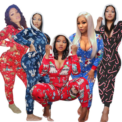 Casual Christmas Printed Zipper Long Sleeves Hooded Homewear Jumpsuit SN390043
