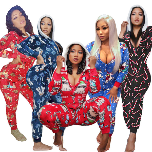 Casual Christmas Printed Zipper Long Sleeves Hooded Homewear Jumpsuit SN390043