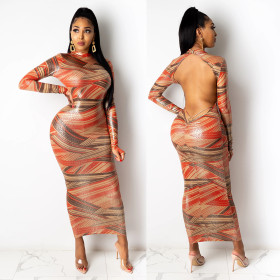 Sexy Printed Round Neck Long Sleeves Backless Midi Bodycon Dress A7160