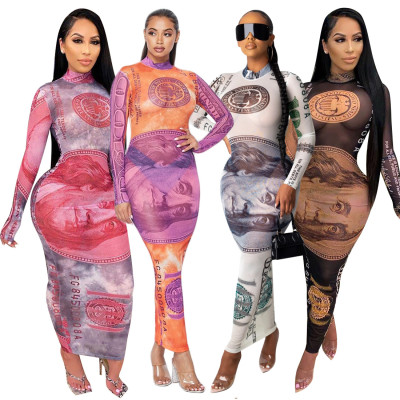 Sexy Mesh Perspective Pattern Printed Round Neck Long Sleeves Midi Bodycon Dress YSF2294