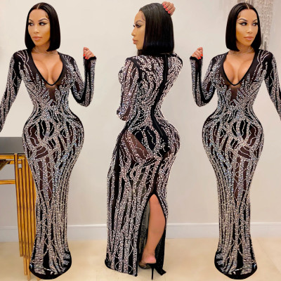 Sexy Mesh Sequins V-Neck Long Sleeves Split Long Dress  X5002