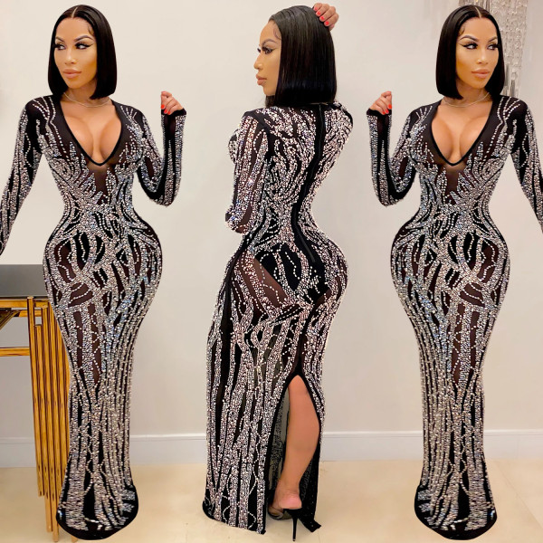 Sexy Mesh Sequins V-Neck Long Sleeves Split Long Dress  X5002