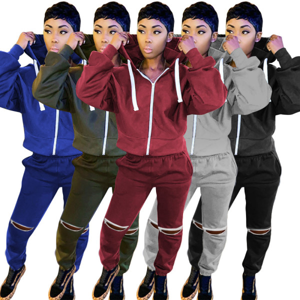 Casual Solid Color Long Sleeves Hooded Cardigan With Hole Trousers Two Piece Sets LA6625