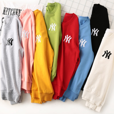 Trendy brand NY Yankees embroidered sweater men and women couple loose cotton white sweater casual i