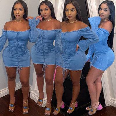 Sexy Off Shoulder Long Sleeves Backless Pleated Drawstring Mini Bodycon Denim Dress  BN096
