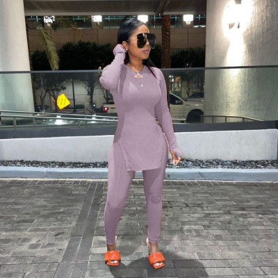 Casual Solid Color Round Neck Long Sleeves Split Tops With Trousers Two Pieces Sets  N9270