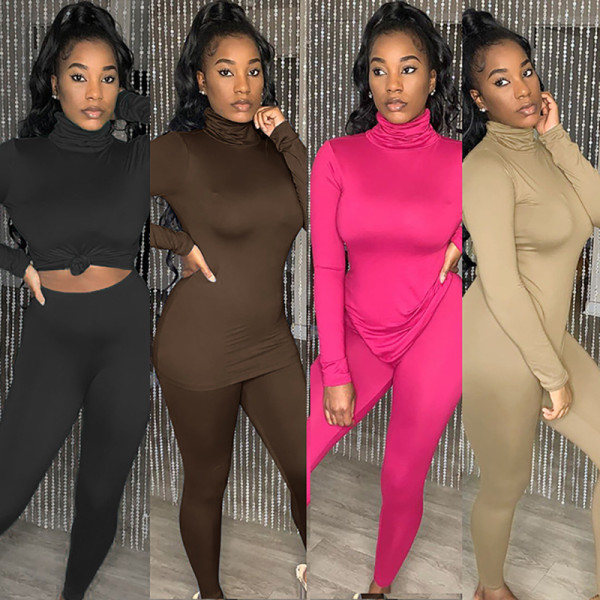 Casual Solid Color High Collar Long Sleeves Top With Trousers Two Piece Sets S0A3577K