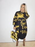 Casual Letter Printed Round Neck Long Sleeves Loose Midi Dress ALS136-2
