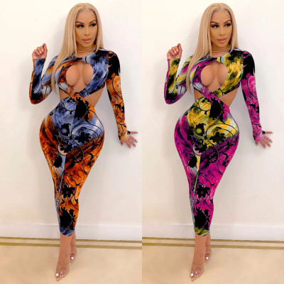 Sexy Tie Dye Printed Round Neck Long Sleeves Hollow Out Midi Bodycon Dress XZ3890