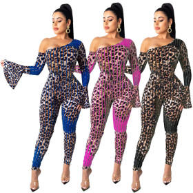 Sexy Leopard Printed One Shoulder Flared Sleeves Bodycon Jumpsuit MN8315