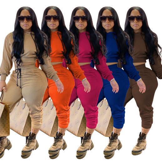 Casual Solid Color Long Sleeves Hooded Sweater With Drawstring Trousers Two Piece Sets KK8232