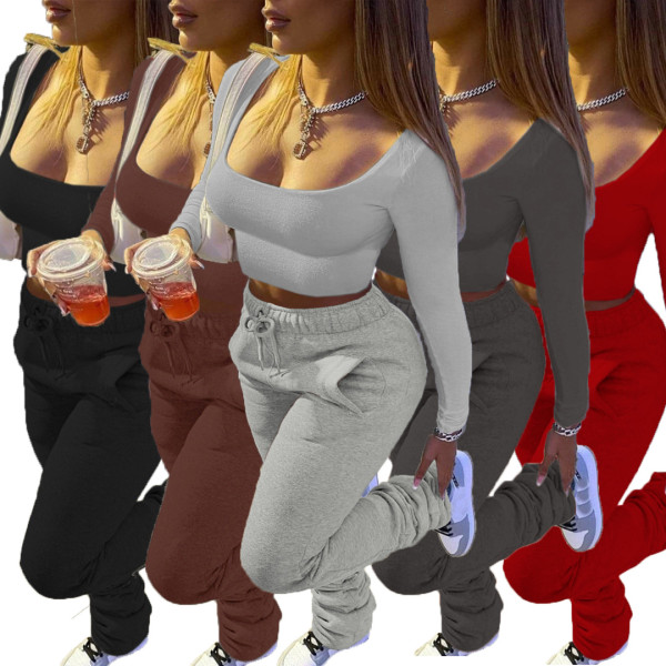 Sexy Square Collar Long Sleeves Cropped Tops With Drawstring Trousers Two Pieces Sets  H6209