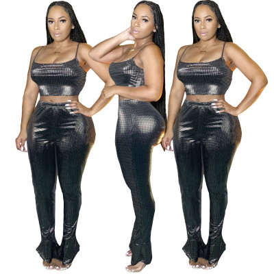Fashion sexy ice silk bronzing flared pants vest suit ML7402