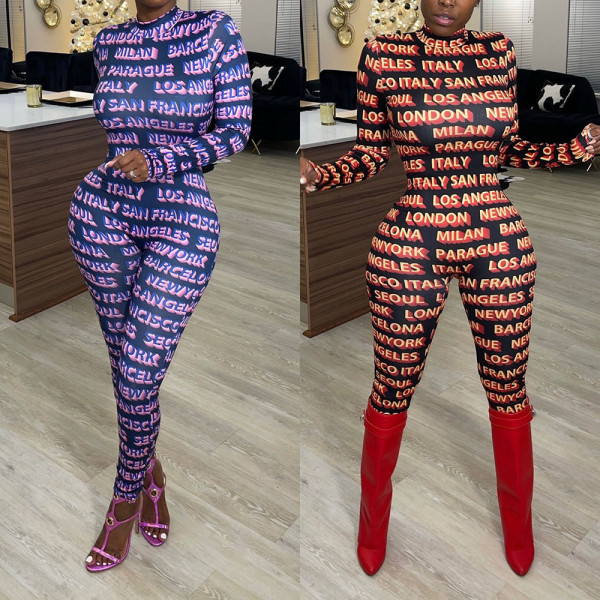 Fashion Letter Printed Round Neck Long Sleeves Skinny Jumpsuit A6657