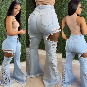 Fashion sexy high elastic ripped hole washed Womens flared jeans CN0099