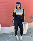 Fashion Contrast Stitching Zipper Long Sleeves Hooded Cardigan With Drawstring Trousers Two Piece Se