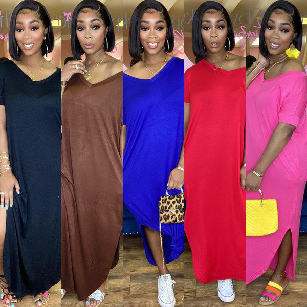 Womens Fashion Solid Color Double Pockets V-neck Slit Loose Dress HR8168