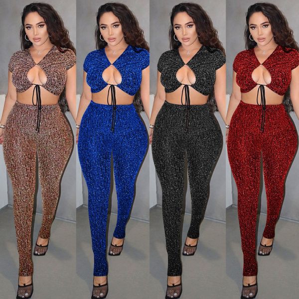 Sexy Printed V-Neck Short Sleeves Hollow Out Cropped Top With Trousers Two Piece Sets XZ3726