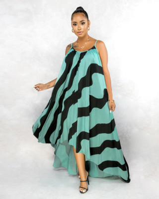 Fashion Striped Printed Suspenders Backless Irregular Long Dress PP007