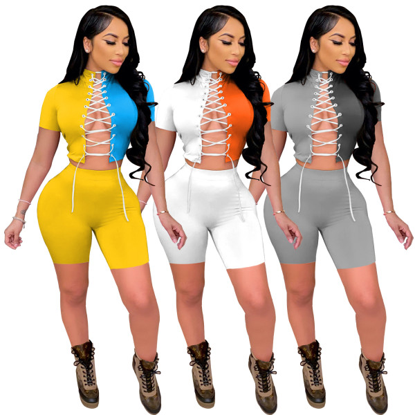 Womens summer hit color short-sleeved suit high-stretch fabric sexy lace two-piece female YF8178
