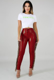 Fashion Tassel Stitching High Elastic Leather Long Pants A3241