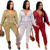 Fashion Zipper Long Sleeves Hooded Mini Top With Trousers Two Piece Sets QZ6118