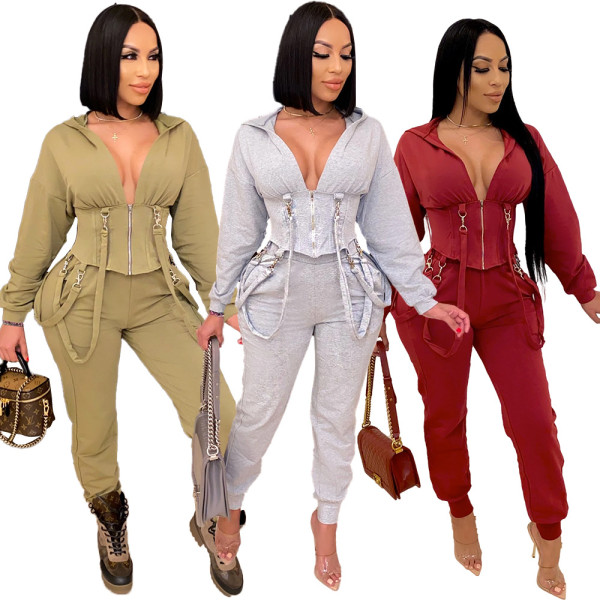 Fashion Zipper Long Sleeves Hooded Mini Top With Trousers Two Piece Sets QZ6118