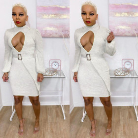 Fashion Solid Color Knitting Hollow Out Round Neck Long Sleeves Bodycon Dress M6604