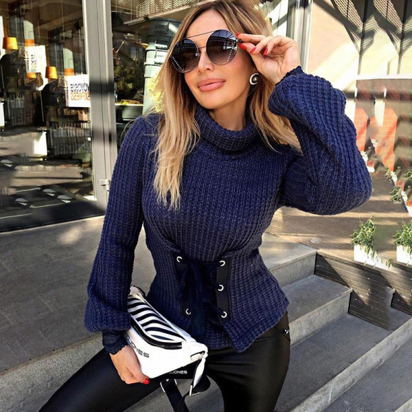 Fashion Lace-Up Waist Half High Neck Lantern Sleeves Sweater K20L09155