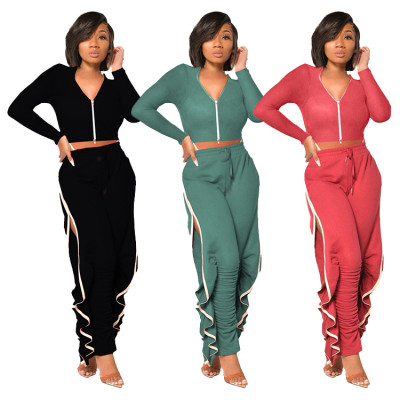Autumn Solid Color Zipper Long Sleeves Mini Cardigan With Drawstring Ruffle Trousers Two Piece Sets