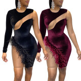 Sexy Velvet Mesh Stitching Round Neck Long Sleeves Mini Skinny Dress GL6317