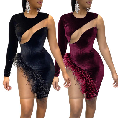Sexy Velvet Mesh Stitching Round Neck Long Sleeves Mini Skinny Dress GL6317