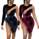 Sexy Velvet Mesh Stitching Round Neck Long Sleeves Mini Skinny Dress GL6317