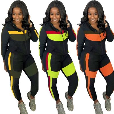 Autumn Contrast Stitching Zipper Hooded Cardigan With Trousers Two Piece Sets KK8175