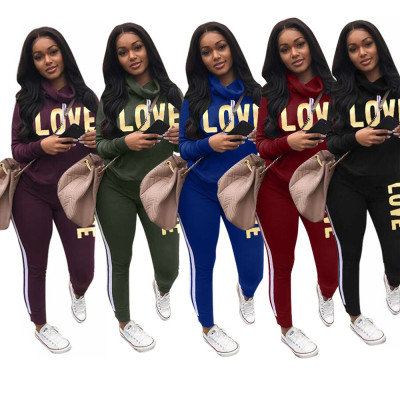 Casual Letter Printed Long Sleeves Hooded Sweater With Trousers Two Pieces Sets LD8189