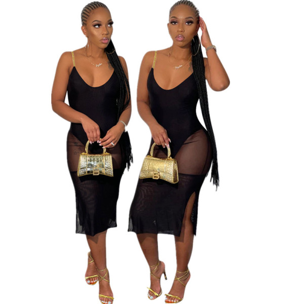 Sexy Siamese V-neck Sling Mesh Dress YZ531