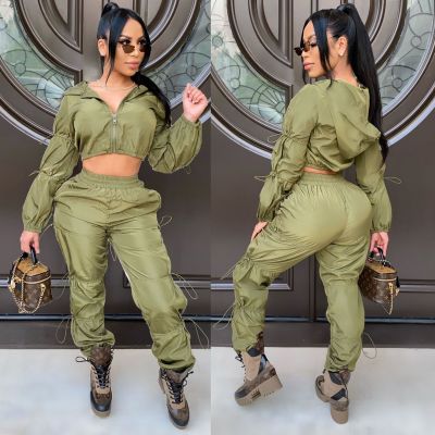 Casual Solod Color Zipper Long Sleeves Hooded Mini Cardigan With Straight Trousers Two Piece Sets CY