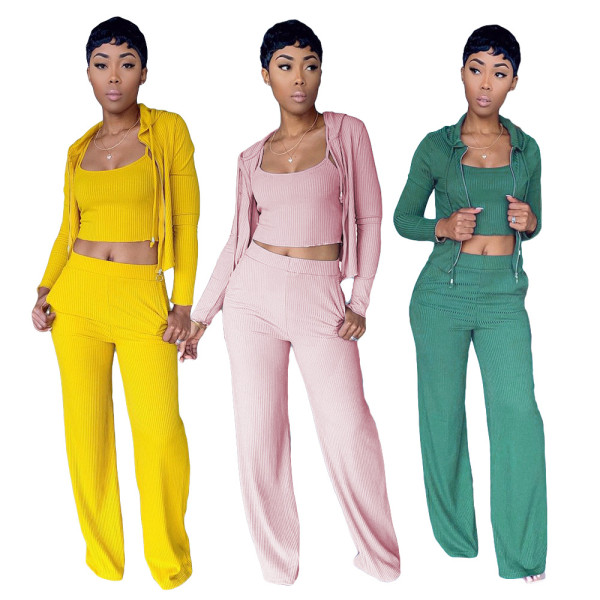 Womens Fashion Sexy Vest Open Waist Zipper Solid Color Three-piece Set ML7401