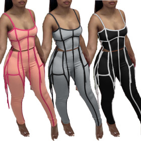 Womens two-piece set of zipper sling with hit color and tassel MN8343